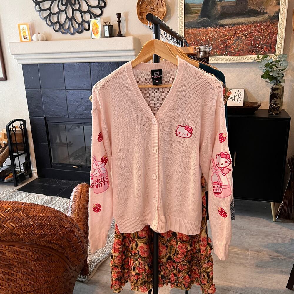Hello Kitty Sweater Womens Size Small Pink Strawberry Milk Skimmer Cardigan - Picture 16 of 16